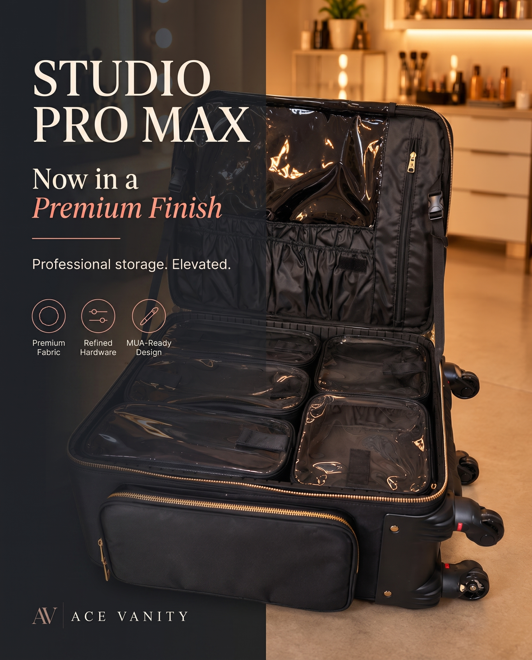 Studio Pro Max premium makeup vanity trolley by Ace Vanity in black quilted finish with gold zippers