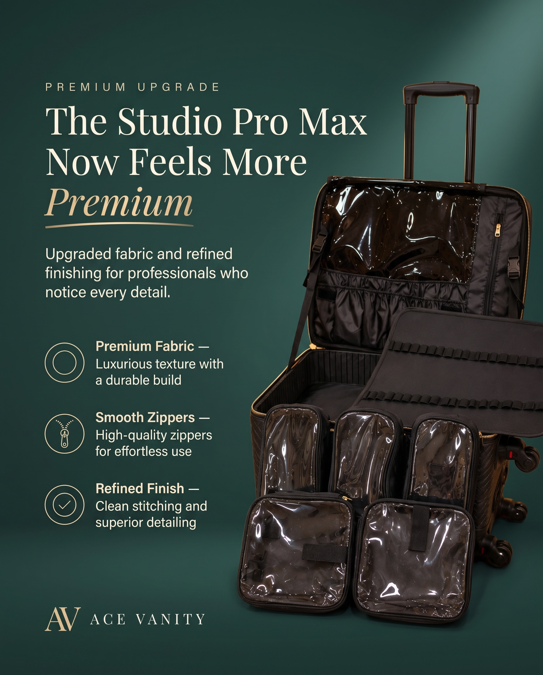 Studio Pro Max makeup trolley premium upgrade with luxurious fabric, smooth zippers and refined finish