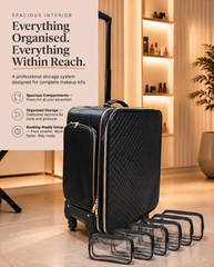 Spacious interior of Studio Pro Max vanity trolley with 5 detachable clear organiser pouches for makeup kits
