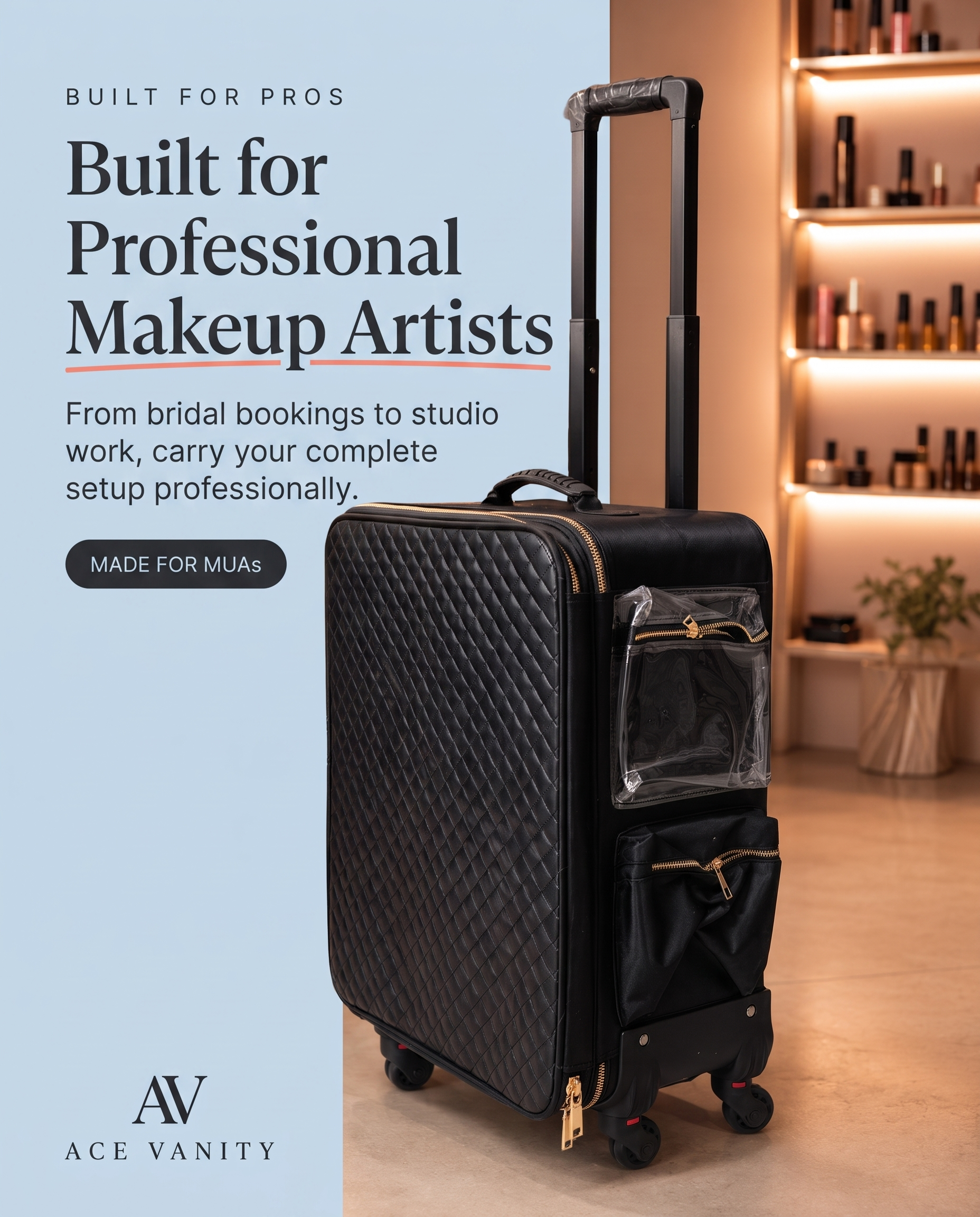Studio Pro Max professional makeup artist trolley with organised pouch storage built for MUAs