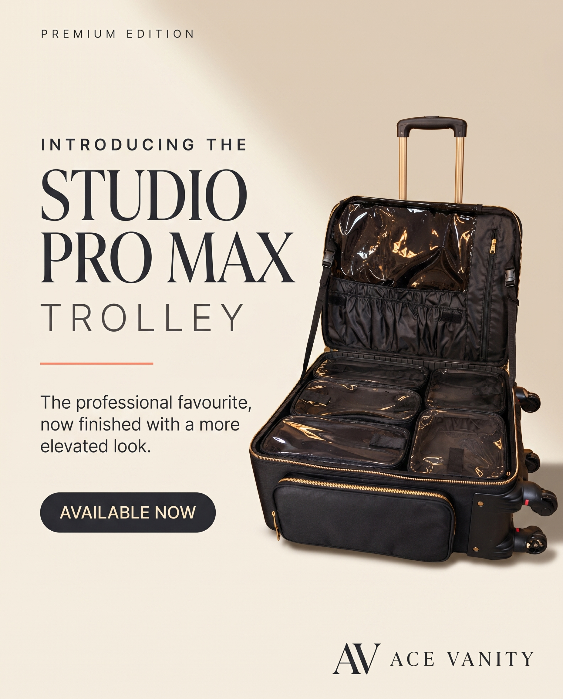 Ace Vanity Studio Pro Max trolley premium edition makeup case with wheels available now