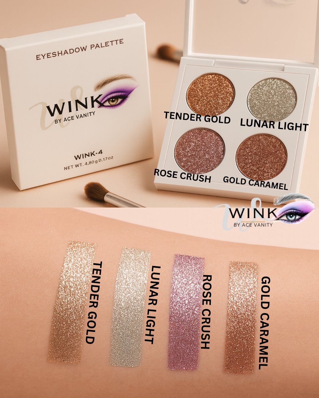 WINK-4 Eyeshadow Palette | 4 Metallic Glitter Shades | WINK by Ace Vanity