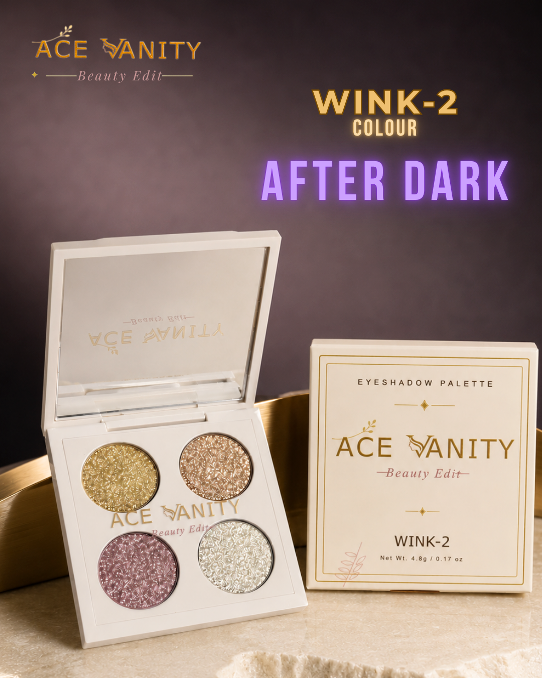 WINK-2 Metallic Glam Eyeshadow Palette – Gold, Plum & Silver Pop