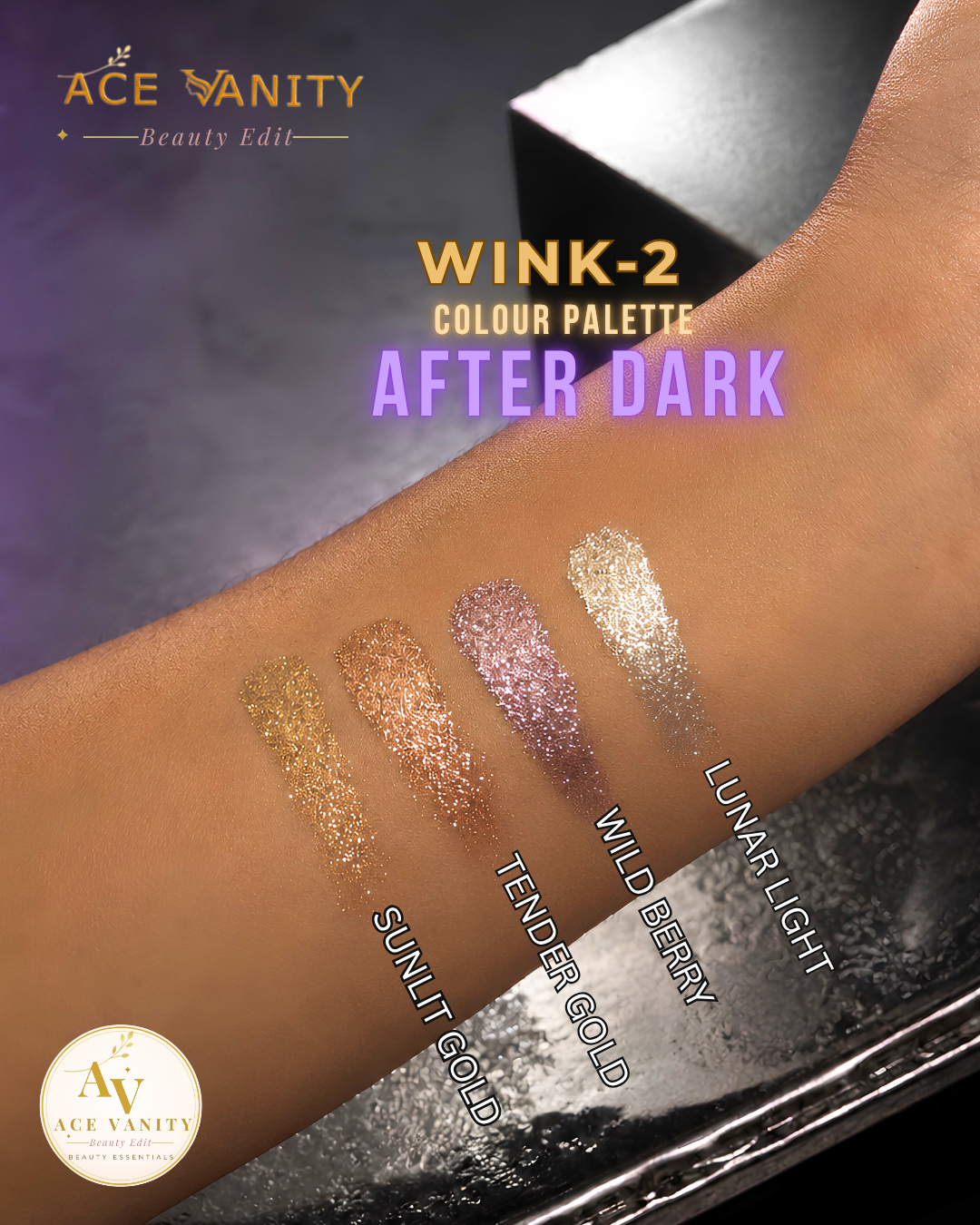 WINK-2 Metallic Glam Eyeshadow Palette – Gold, Plum & Silver Pop