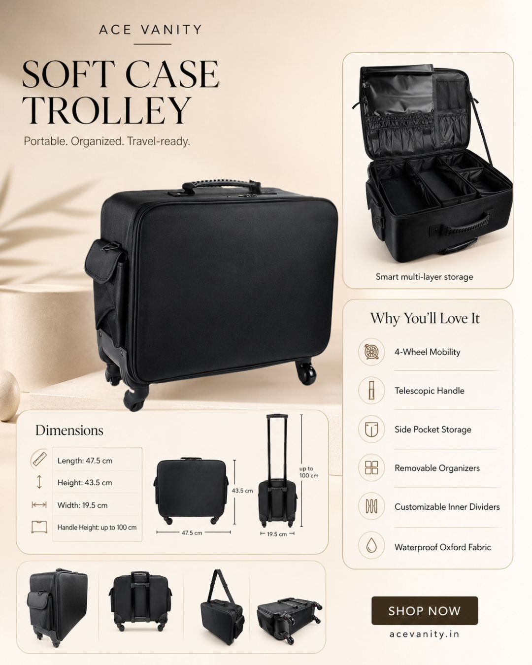 Ace Vanity Original XXXL Makeup Trolley Bag – Professional Soft Case Artist Trolley