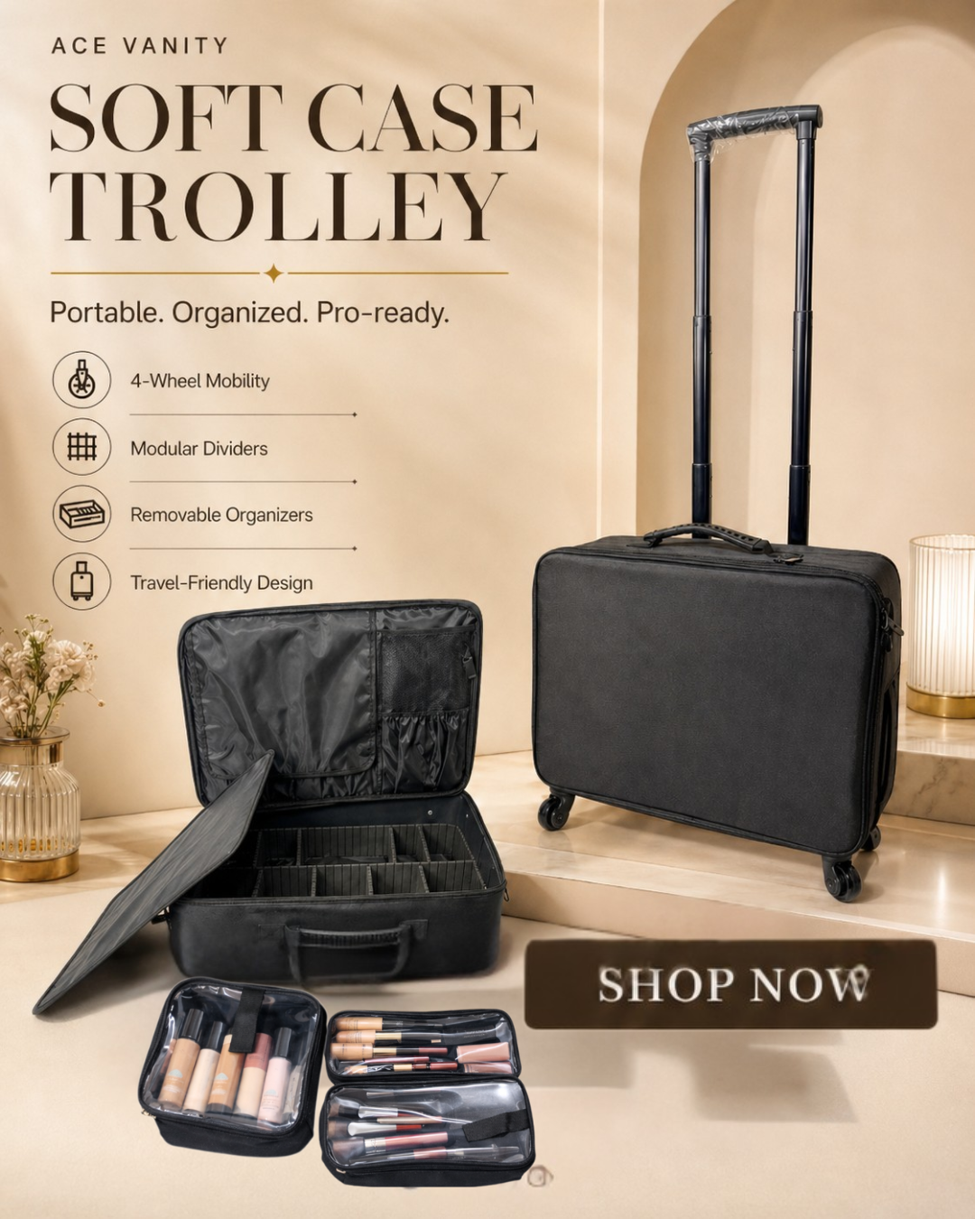 Ace Vanity Original XXXL Makeup Trolley Bag – Professional Soft Case Artist Trolley