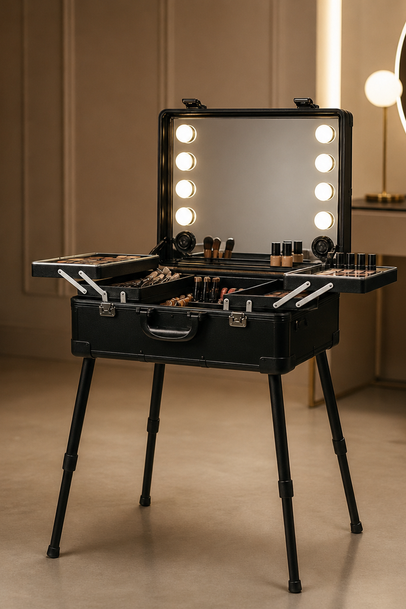 Black makeup vanity case with mirror and lights in a room setting
