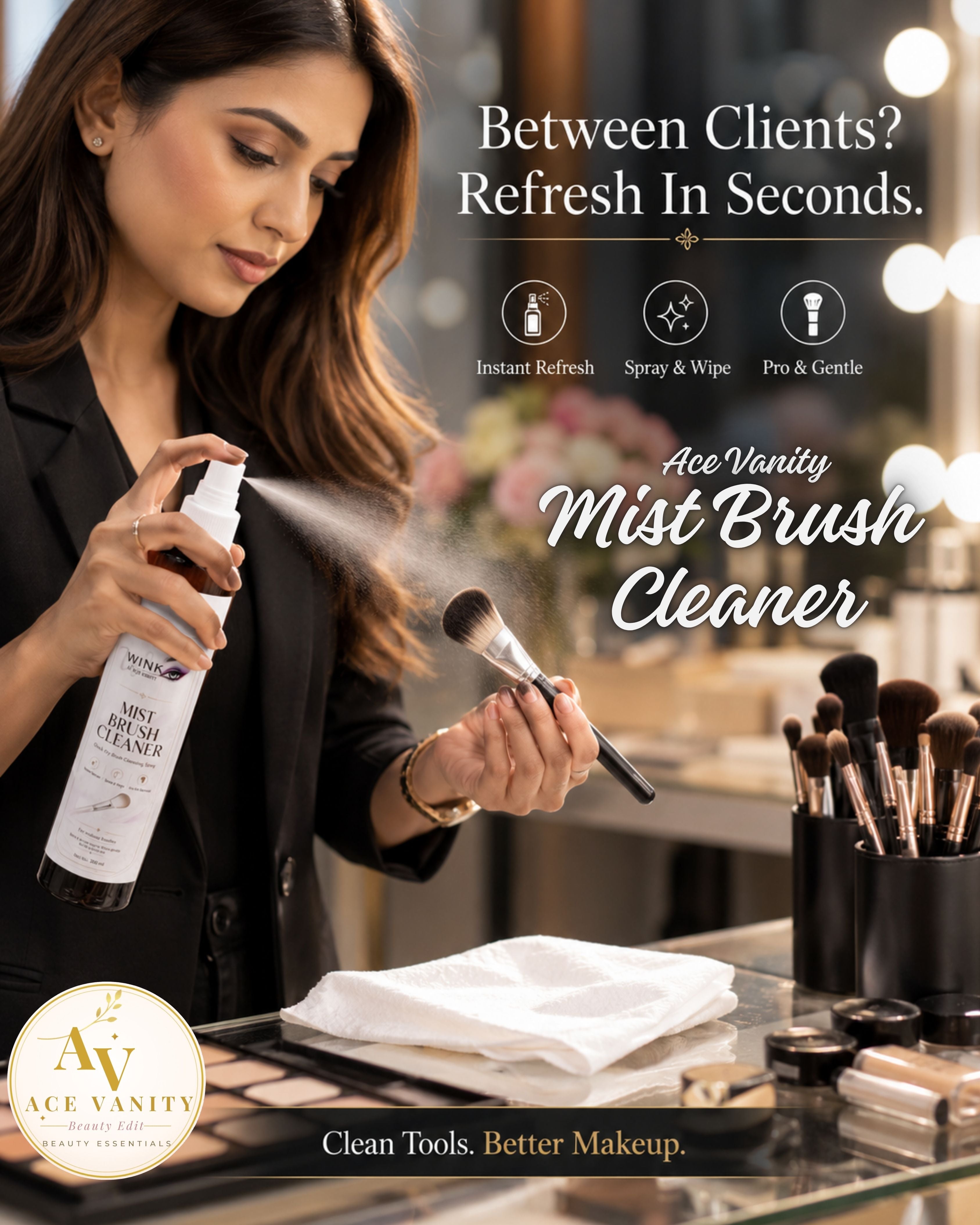 Mist Brush Cleaner by Ace Vanity | Quick-Dry Makeup Brush Cleansing Spray