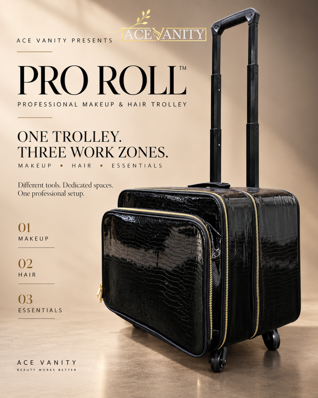 Ace Vanity Pro Roll™ – Triple Compartment Makeup & Hair Trolley
