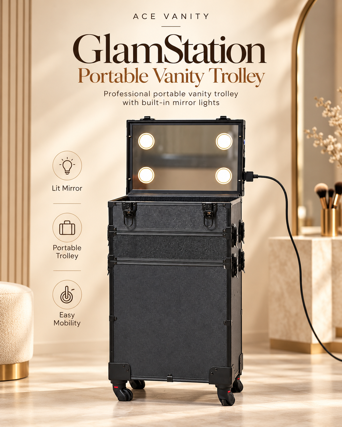 GlamStation Portable Makeup Vanity Trolley | Ace Vanity