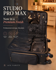 Studio Pro Max premium makeup vanity trolley by Ace Vanity in black quilted finish with gold zippers