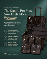 Studio Pro Max makeup trolley premium upgrade with luxurious fabric, smooth zippers and refined finish